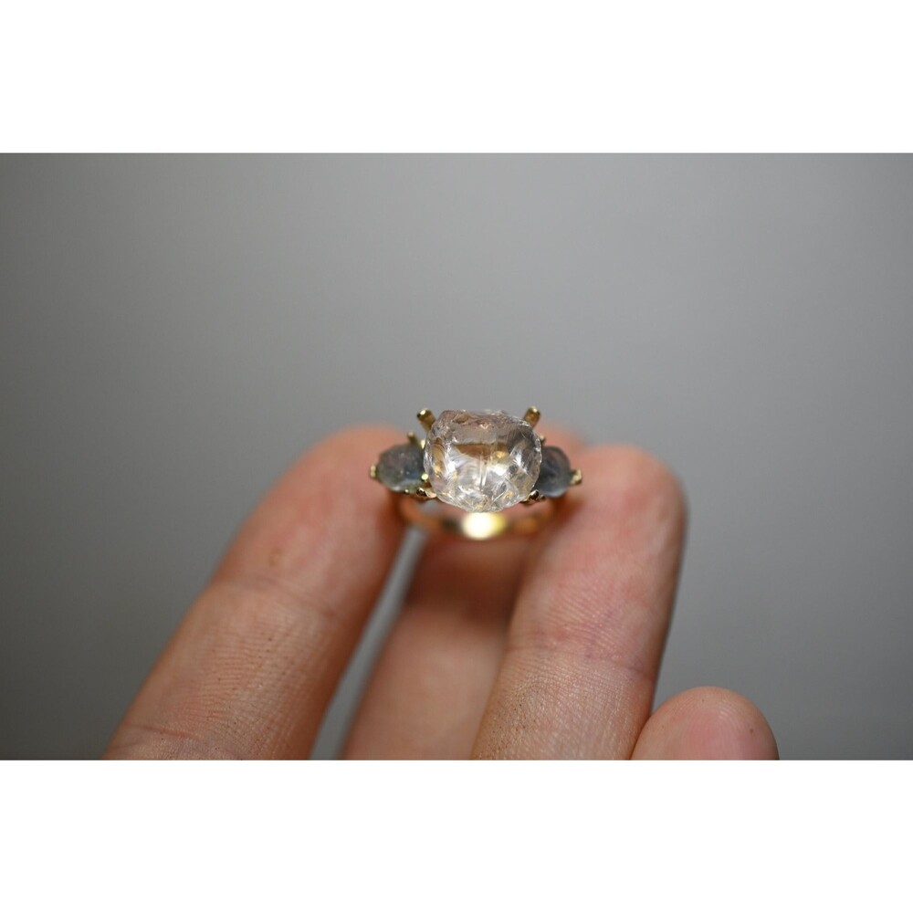 Raw Sapphire and Diamond Engagement Ring, Rough Diamond Ring, Natural Uncut Diam